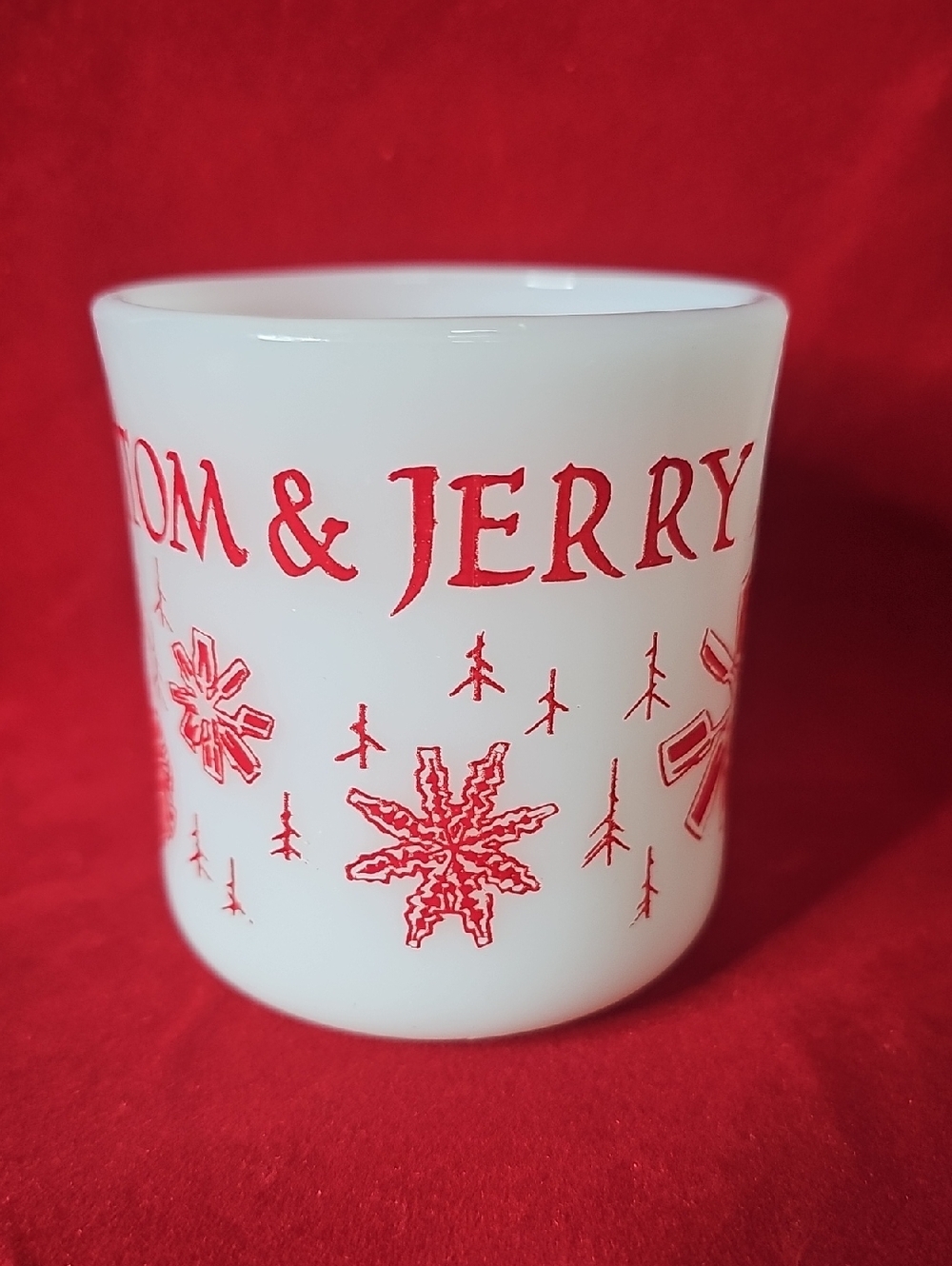 Vintage Fire King Tom & Jerry White Glass Holiday Mug with Red Snowflake Design